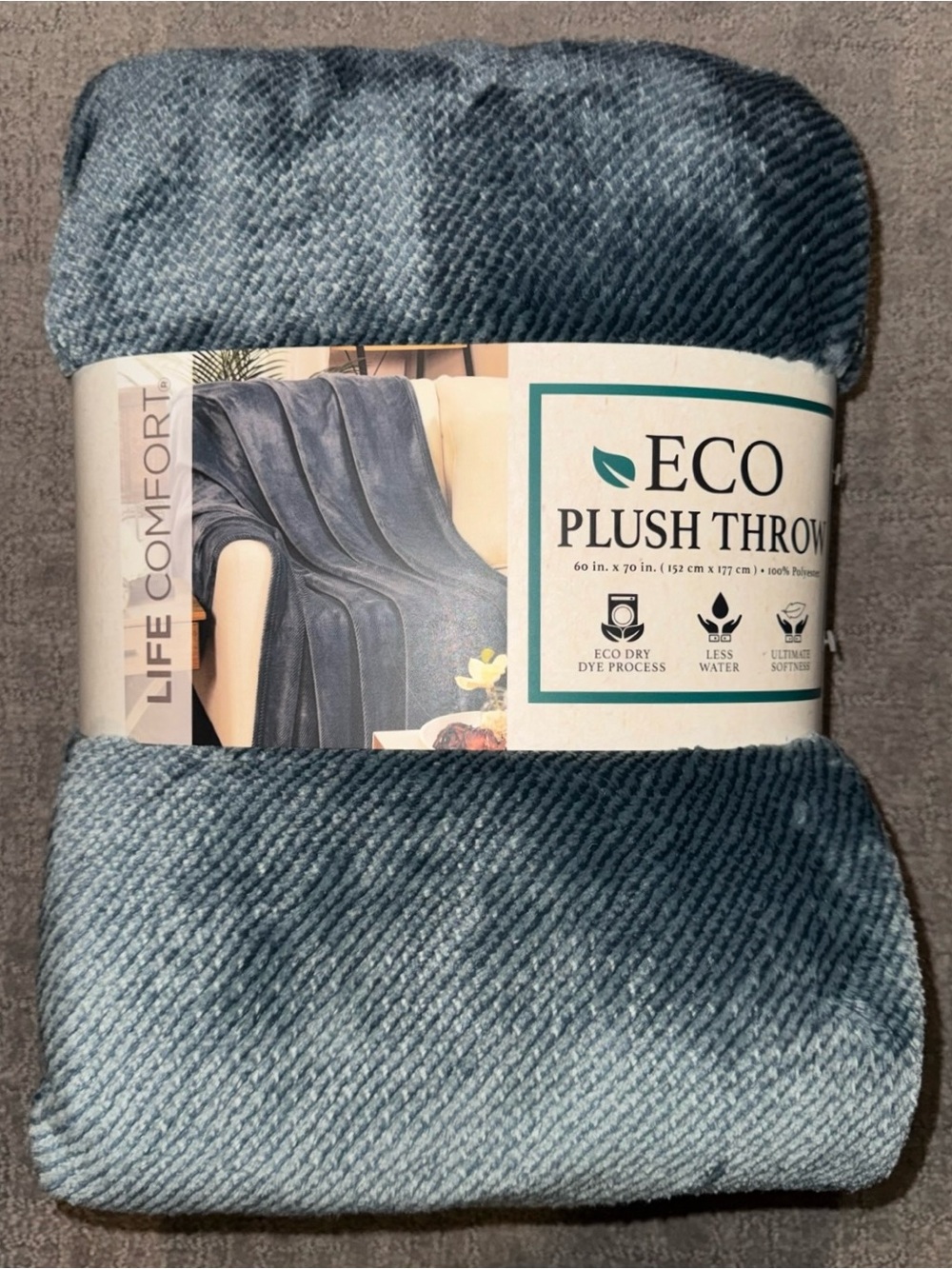 Costco Life Comfort Dark Blue Green Ribbed Eco Plush Throw 60” x 70”